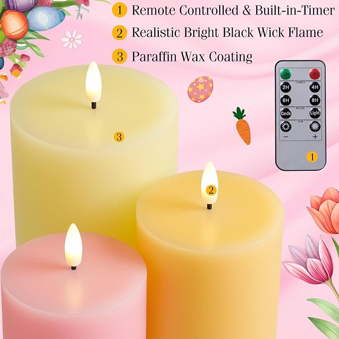 3 Pcs Easter Flameless Candles Battery Operated LED Flickering Pillar Candles with Remote Real Wax Pastel Spring Table Decor for Easter Party Wedding Table Centerpiece Home Decorations