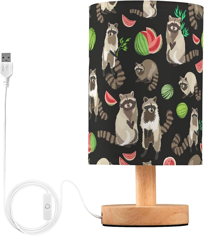 Table Lamp Cute Raccoons Watermelon Pattern Nightstand Lamp with Wood Base Fabric Lamp Shade Bedside Desk Lamp for Living Room Bedroom Kids Room Office