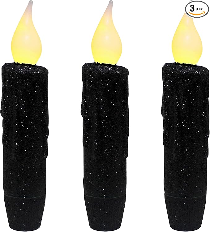 CVHOMEDECO. Glitter Flameless Candles Flickering Battery Operated LED Taper Candles with Timer for Home, Wedding, Halloween, Christmas Decor. Black, 4-3/4 Inch, Set of 3
