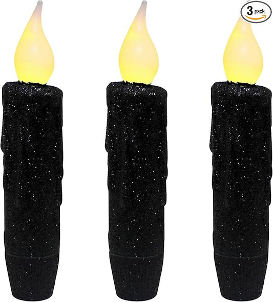 CVHOMEDECO. Glitter Flameless Candles Flickering Battery Operated LED Taper Candles with Timer for Home, Wedding, Halloween, Christmas Decor. Black, 4-3/4 Inch, Set of 3