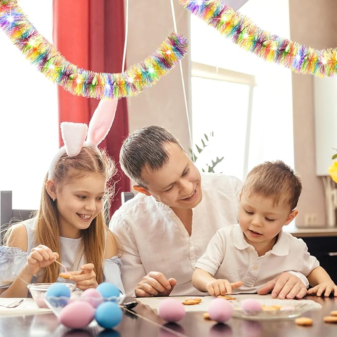 Chuangdi 16.4 ft Easter Tinsel Garland with LED String Light Easter Egg Twist Metallic Wire Garland Tinsel Foil Hanging Decor, Colored, Colored Light