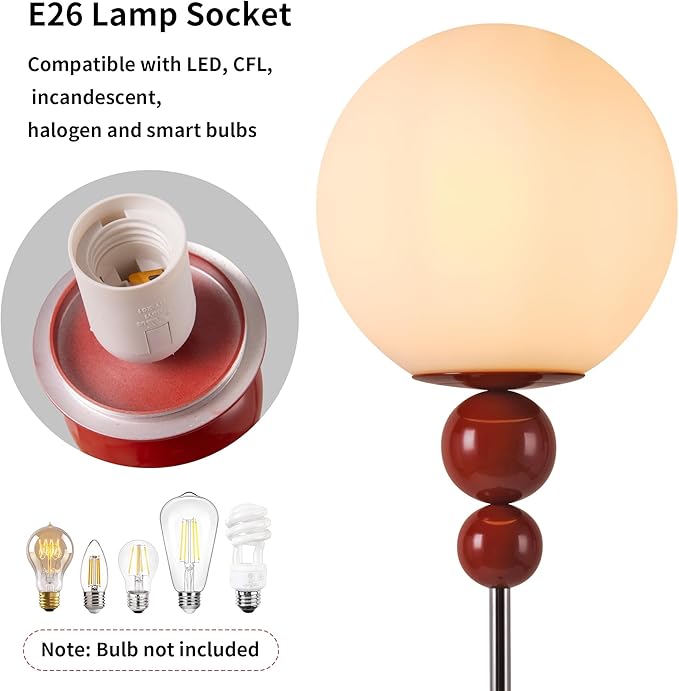 Modern Floor Lamps for Living Room, Globe Glass Shade Floor lamp for Bedroom, Standing lamp for Office, Corner(red)