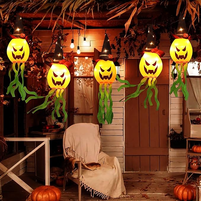 Halloween Decorations Outdoor Hanging Lights Decor Glowing Pumpkin Witch Hat Led Lighted Up Scary Orange Decoration for Indoor Outside Party Tree Garden Porch Ornament (3 Pcs)