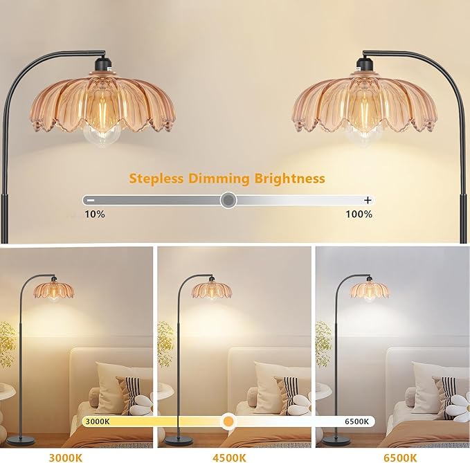 Black Floor Lamp for Living Room,Bedroom,Mid Century Modern Standing Lamp with Remote,Dimmable Brass Tall Lamp Amber Glass Lamp Vintage Retro Arc Floor Lamps Flower Floor Light Boho Bohemian