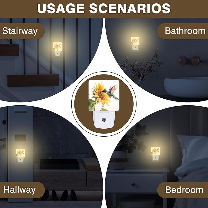 Night Light Hummingbird and Sunflower Night Lights Plug into Wall Smart Dusk to Dawn Sensor 0.5W Energy Efficient Led Lamp for Men Women Bedroom Bathroom Hallway Stairway Decor