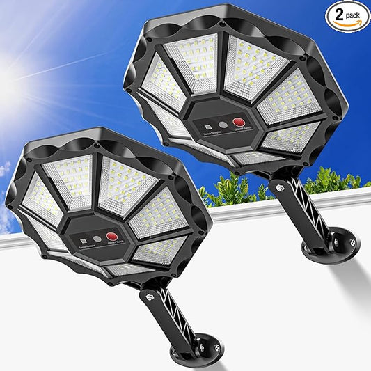 Solar Lights Outdoor, Motion Sensor & Dusk to Dawn Flood Lights, 168LED 6500K 8 Sides 360°Wide Angle, IP66 Waterproof with Remote, for Yard/Garden/Pool/Fence (2 Pack)