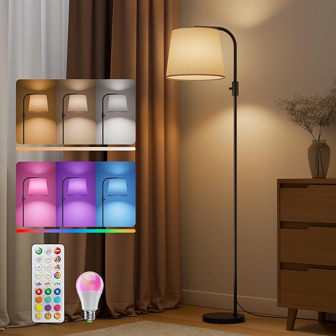 Dimmable Arc Floor Lamp, 1200 Lumens RGBCW Color Change Bulb Included, Standing Lamp with Linen Shade, 65" Tall Lamp with Remote for Living Room, Bedroom, Office, Dining Room, Kitchen, Black