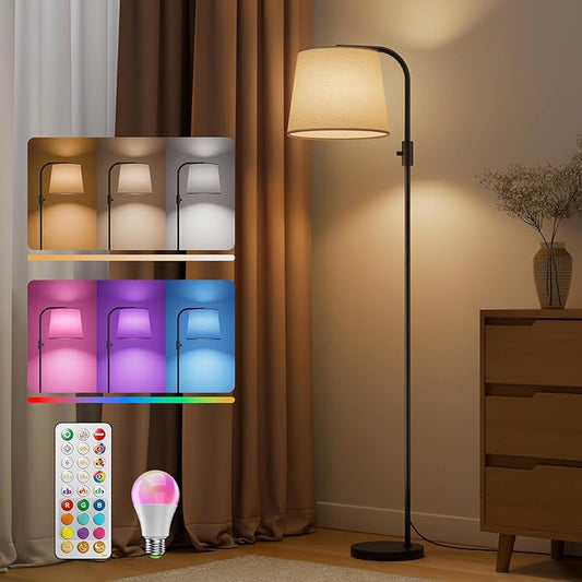 Dimmable Arc Floor Lamp, 1200 Lumens RGBCW Color Change Bulb Included, Standing Lamp with Linen Shade, 65" Tall Lamp with Remote for Living Room, Bedroom, Office, Dining Room, Kitchen, Black