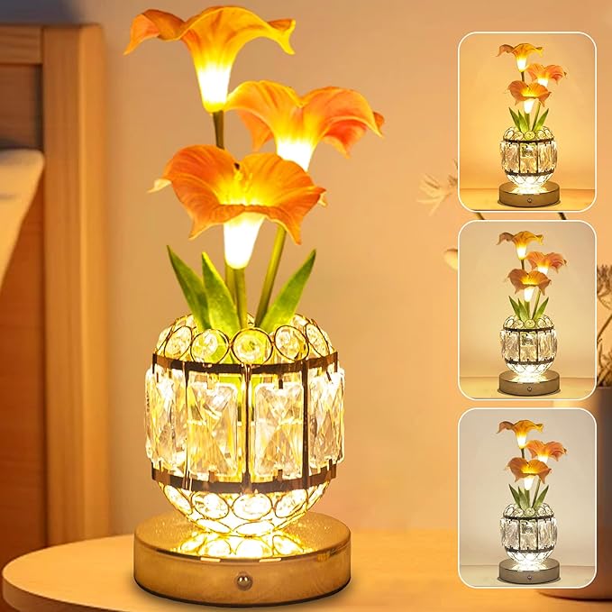 Flower Table Lamp, 3-Color Dimmable Artificial Flowers Night Light, Rechargeable Cordless Small Desk Lamp, Morning Glory with Crystal Vase for Party Date Home Decoration (Pink - Morning Glory)