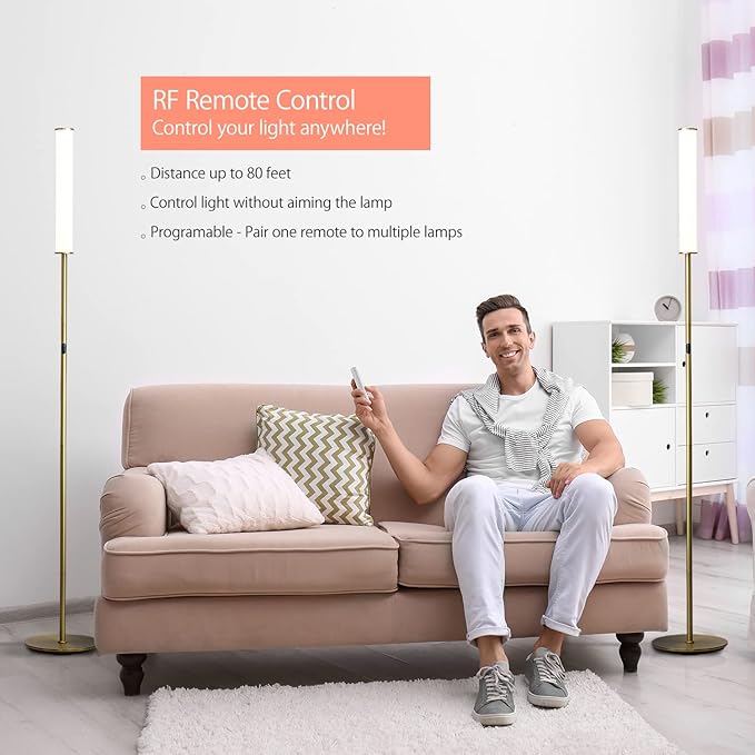 O’Bright LED Cylinder Floor Lamp with Remote Control, Full Range Dimming, Adjustable Color Temperature 3000K-6000K, Minimalist Standing Lamps for Living Room, Bedrooms and Office, Antique Brass