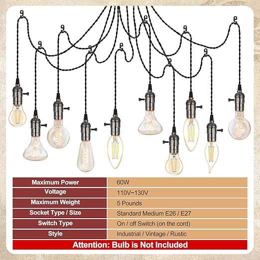 2 Pcs Vintage Pendant Light Sockets Light Cord Kit with Switches DIY Bulb Socket with Cord for E26 E27 Lamp Socket Lantern Bedroom Living Room Decor (1 Plug with 10 Sockets,Black)