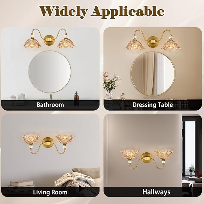 Vintage Bathroom Vanity Light, 2-Light Matte Brass Finish Vanity Light with Floral Amber Glass Shades, Retro Wall Sconce for Bathroom, Dressing Table