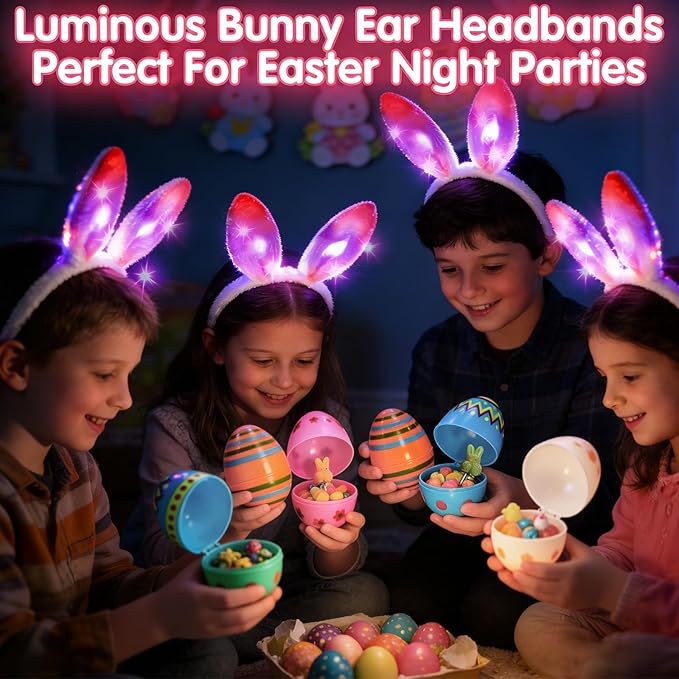 Camlinbo 6 PCS LED Light up Bunny Ears, Plush Rabbit Ear Headband Easter Gifts Basket Stuffers Party Favor Supplies for Women Girls Boys