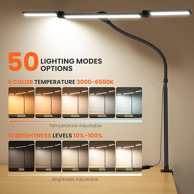 LED Desk Lamp for Office Home, Eye Caring Clip on Desk Light with Clamp, Architect Task Lamp Stepless Dimming, Computer Monitor Table Lamp 3 Head Adjustable Desk Lamp for Reading Study Workbench Black