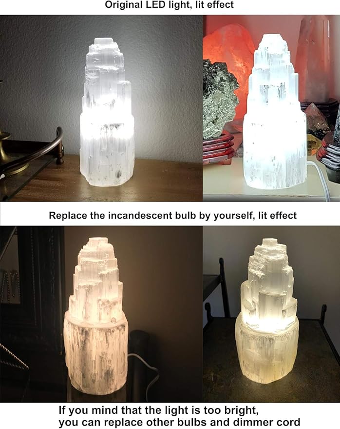 AMOYSTONE 8" Natural Selenite Crystal Lamp White Gemstones Skyscraper Tower Healing Lights Small, Include Led Bulb Switch