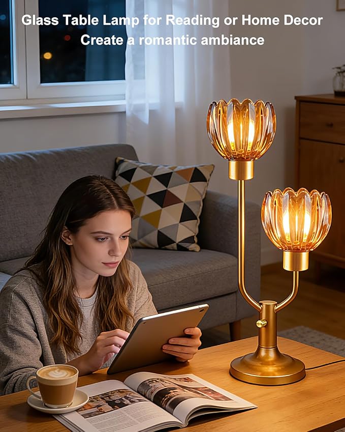 Lightdot Mid Century Modern Glass Table Lamp Gold Dimmable U-Shaped Desk Lamps with Brown Glass Shade& 2Pcs 3000K Warmwhite Bulbs Included Bedside Nightstand Lamp for Living Room Bedroom