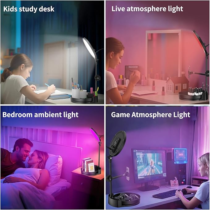 Desk Ring Light with Stand,55W Dimmable Full Screen Ring Light,with Rotating Storage Box,Pen Holder Stand,Phone Holder&Controller (White-RGB, 10.5)