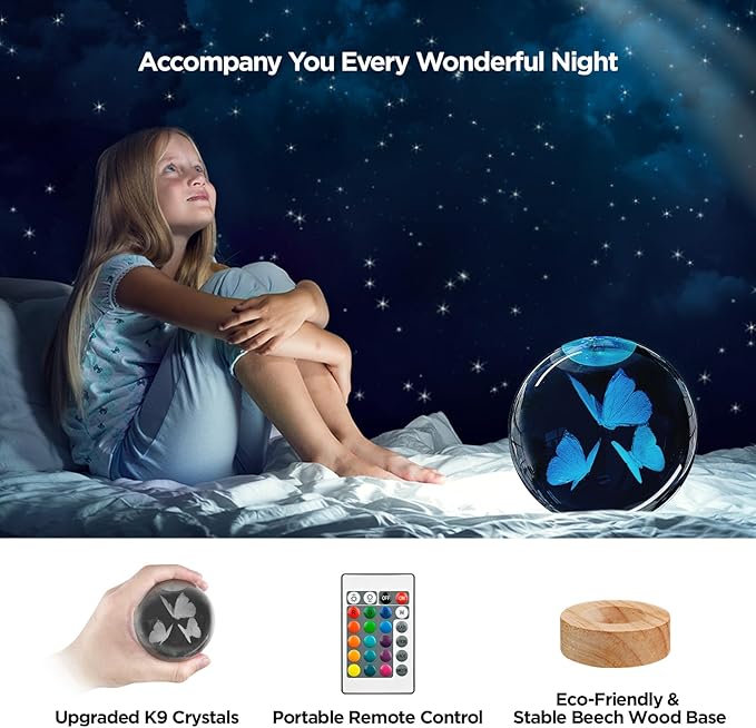 3D Butterfly Crystal Ball Night Light with Woodern Base, 3.15" Butterfly Figurine Glass Lamp with 16 Colors Cute Desk Decor for Home Butterfly Gifts for Women Kids Friends