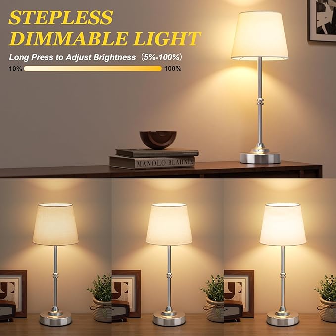 Kakanuo Rechargeable Cordless Table Lamp Silver - 1 Pack 4000mAh Battery Operated Lamp, Touch Control Stepless Dimming, for Home Decor, Dining Table, Living Room, Bedroom