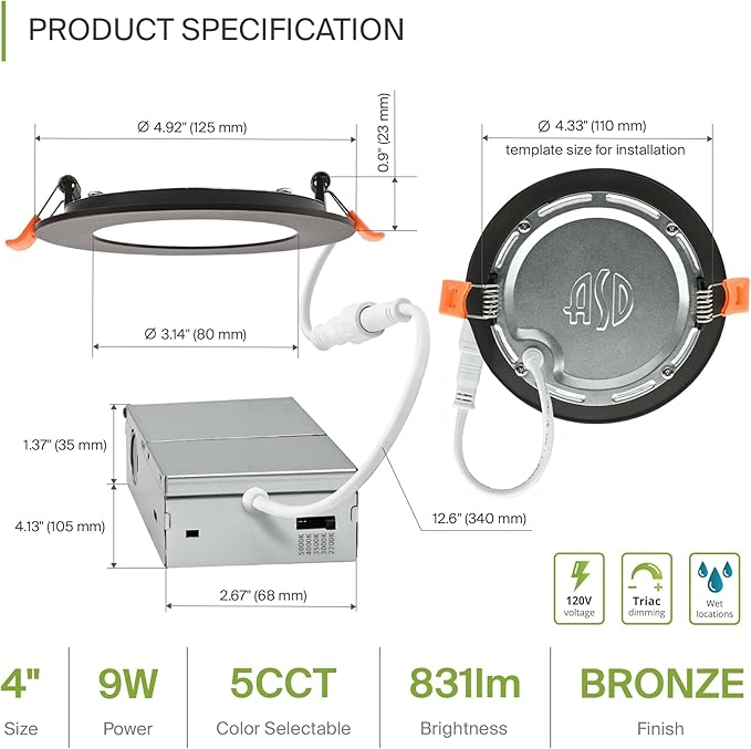 ASD 6 Pack LED Recessed Lighting 4 Inch 9W, 5 CCT 2700K-5000K CRI90+, IC Rated Ultra Thin Dimmable Ceiling Lights with J Box, Canless Wafer Downlight, Round Slim Panel Light, Energy Star ETL, Bronze