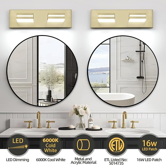 OKELI 2 Lights Bathroom Vanity Light Fixtures Gold LED Dimmable Vanity Light Over Mirror Modern Wall Mounted Lighting Fixture, 350° Rotatable Lamp Head 24W Cold White 6000K ETL Listed