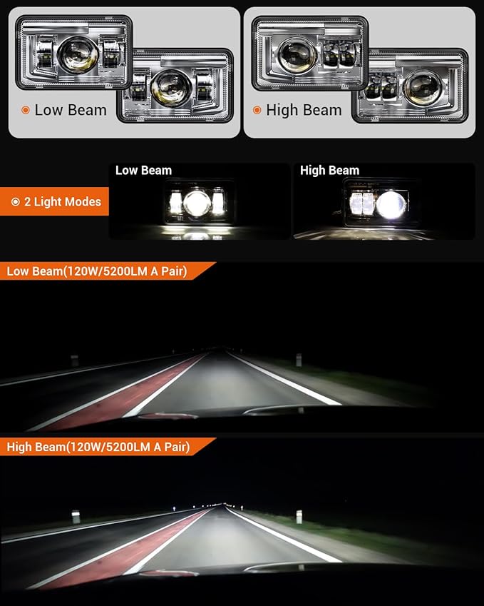 BICYACO 4 PCS DOT 4x6 Inch LED Headlights Rectangular Replacement H4651 H4652 H4656 H4666 H6545 Compatible with Peterbilt Kenworth Freightinger Ford Probe Oldsmobile Cutlass