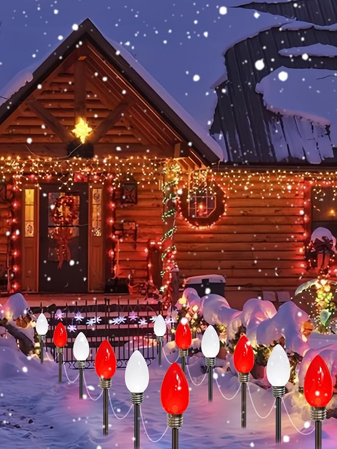 12 Pack Large C9 Christmas Decorations Outdoor Waterproof, Solar C9 Christmas Lights Outdoor with 2 Modes, Solar Pathway Light for Outside Party Yard Lawn Patio Walkway Xmas Decoration (Red and White)