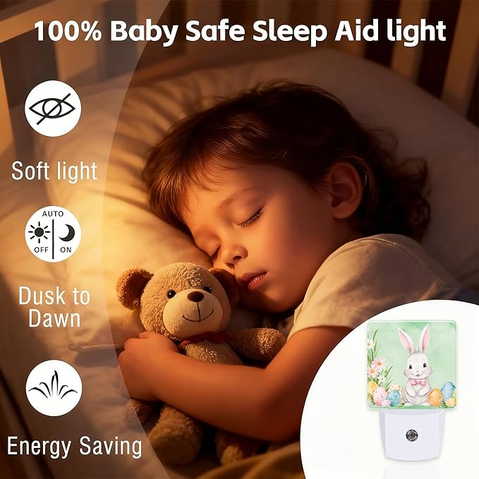Easter Bunny Eggs Floral Night Light for Kids,Dusk-to-Dawn Auto Sensor Easter Rabbit Flowers Plug in Night Light,0.5W Energy Saving Non-Toxic for Bedroom/Bathroom,Ideal Gifts for Women Men