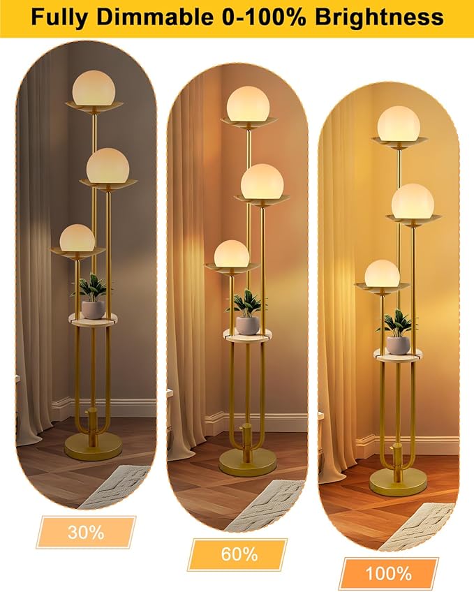 Lightdot 63IN Globe Floor Lamp with Shelf 3-Lights Modern Gold Dimmable Floor Lamps with Bulbs Included for Wedding/Party, Tall Standing Lamp for Living Room/Bedroom/Sofa Beside/Corner Decor