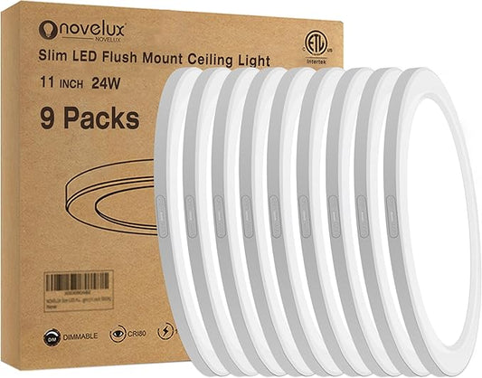 Flush Mount Ceiling Light Fixture - ETL Certified -11 Inch Dimmable 5000K Daylight White LED, 0.63'' Ultra Thin Round Design for Bedroom, Bathroom, Kitchen, Hallway, Basement, Closet (9-Pack)‌