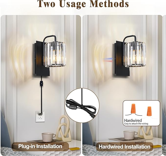 Plug in Sconces, Square Crystal Sconce Black Plug in Wall Sconce Crystal Wall Lamp with On Off Dimmer Cord, Glass Wall Light Fixtures for Living Room Bedroom Hallway Bedside