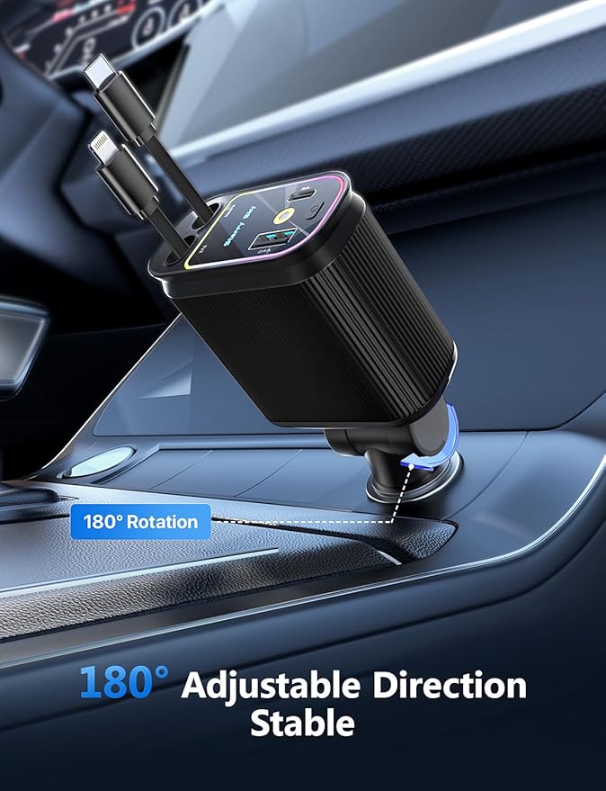 Starlight Retractable Car Charger with Retractable Cables, Starlight in Car Roof 4 in 1 Super Fast USB C Car Phone Charger, 2 USB Ports Starry Sky Adapter, Compatible with iPhone 17 16 15 14 13 12