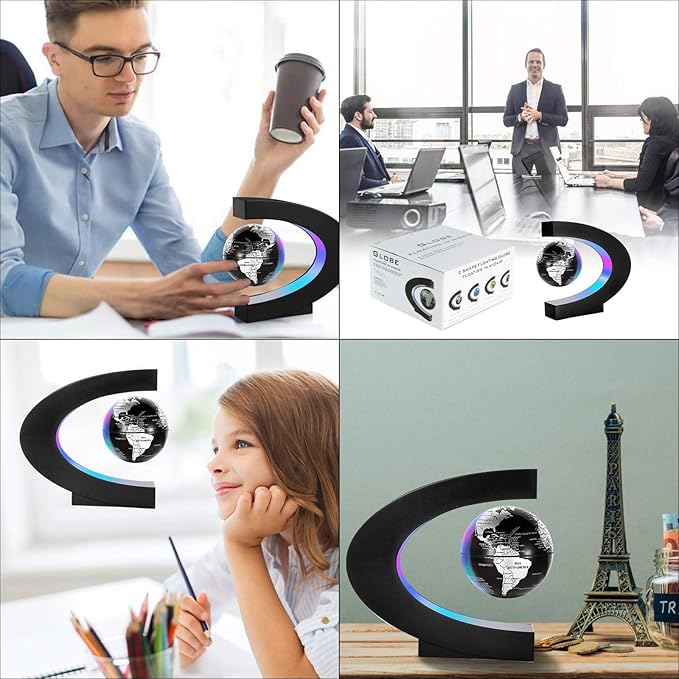 Gresus Magnetic Levitation Floating World Map Globe, C Shape Base with LED Lights, Great Fathers Students Teacher Business Boyfriend Birthday Gift for Desk Decoration （Black) (Globe doesn't light up)