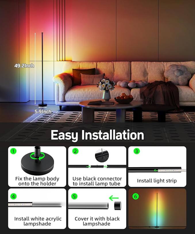 Smart RGB Corner Floor Lamp, LED Standing Lamp with Remote & App Control, Music Sync and Color Changing Ambient Lighting, Floor Lamps for Bedroom, Party and Living Room