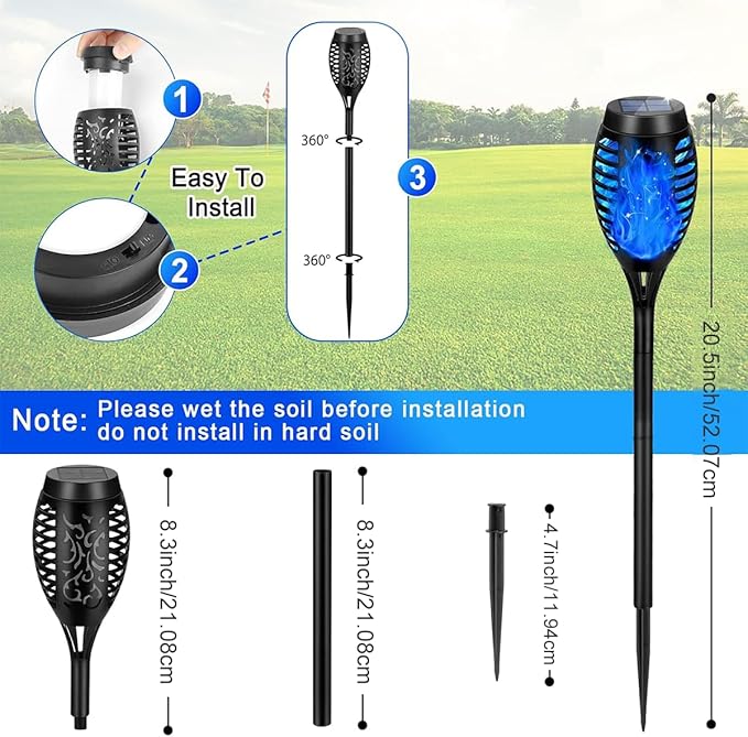 16 Pack Solar-Powered Flashlight Torches for Outdoor use, Dancing and Flickering Flame Torches for Landscape Decoration, Suitable for Paths, lawns, terraces (Blue)
