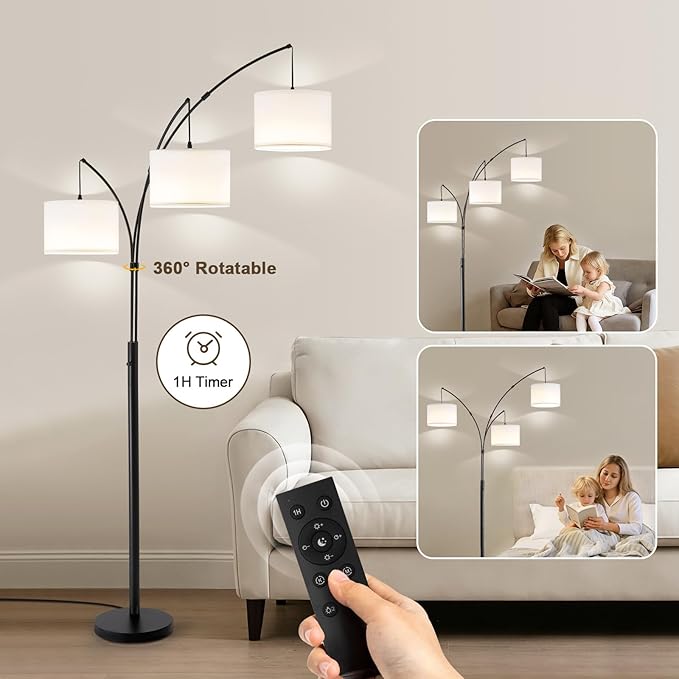 Netin 3 Light Arc Floor Lamps for Living Room, Large Floor Lamp with Remote Control, Modern 80" Tall Standing Lamp, 3 Color Temperature, Mid Century Tree Floor Lamp for Bedroom, Office