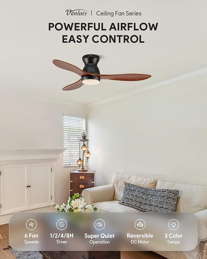 VONLUCE Ceiling Fans with Lights, 42 Inch Ceiling Fan and Remote, 6-Speeds Noiseless Reversible DC Motor, 3CCT, Wood Ceiling Fan for Farmhouse Bedroom Indoor Outdoor, Black