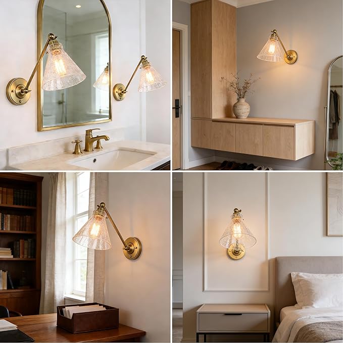 Industrial Vintage Slope Pole Wall Mount Single Sconce with Funnel Flared Clear Glass Shade, Swing Arm Wall Sconce Light Lamp Fixture Hardwired