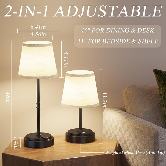 Cordless Table Lamp Rechargeable Black - 2 Pack 7500mAH Battery Operated Lamp for Decor, 3000K Stepless Dimming Touch Control Wireless Lamp for Bedroom, Dining Table, Counter, Living Room