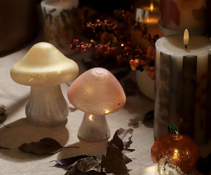Glass Mushroom Lamp Cute Lamps for Bedrooms Battery Operated Mushroom Night Light Funky Lamp Ideal for Indoor & Outdoor Garden Decor (Yellow, Set 1)