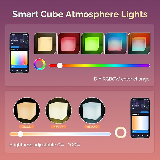 LOFTEK Smart LED Cube Lights, RGBCW Color Change Atmosphere Lights Rechargeable Bedside Lamp, Music Sync,Timer, Dimmable Night Lights for Bedroom, Compatible with Alexa & Google Assistant
