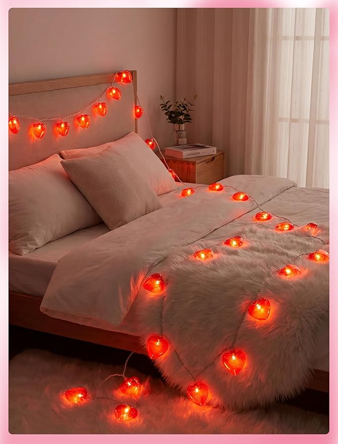 8.5Ft Valentines Day Lights,Heart Lights String with 10 Pack Shiny Glitter Red 3D Heart Lights,Plug in Valentine Light for Indoor Outdoor Valentine's Day Party Wedding Anniversary Decor