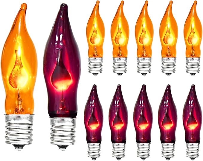 12 Pack C7 Clear Orange and Purple Flickering Flame Replacement Bulbs for String Lights Outdoor, E12 Screw Base, Flame Bulbs for Halloween Indoor Outdoor Roofline Garden Patio Party Decorations