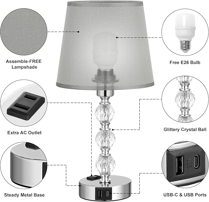 Acaxin Crystal Table Lamp Set of 2 for Bedroom/Living Room, 14.6in (Gray)