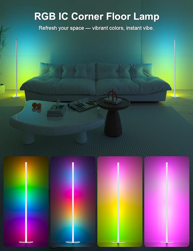 White Corner Floor Lamp, LED Corner Lamp with Music Sync, APP & Remote Control RGBW IC Floor Lamp Color Changing Ambient Lighting for Living Room, Bedroom, Gaming, Party