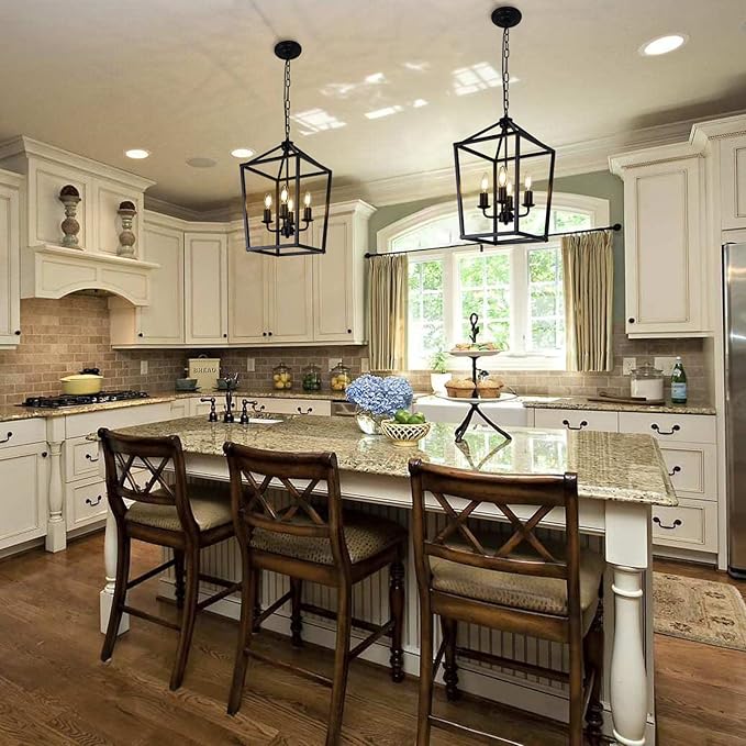 4-Light Black Farmhouse Chandelier Iron Lantern Pendant Light Rustic Cage Hanging Light Fixtures Industrial Foyer Lights for Kitchen Island Dining Room Hallway Foyer Entryway