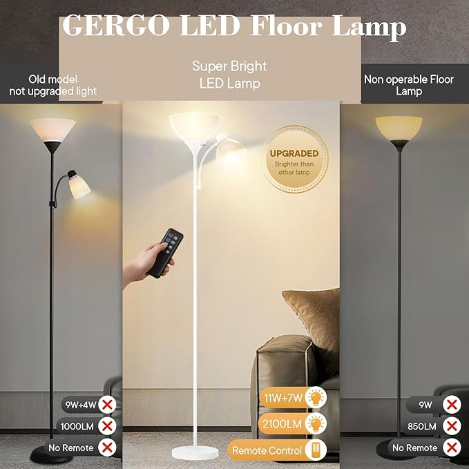GERGO Led Floor Lamp, Super Bright 11W+7W 2100LM Torchiere Floor Lamps for Living Room, Stepless Adjustable 3000K-6000K Temperatures with Remote Control for Bedroom (White)