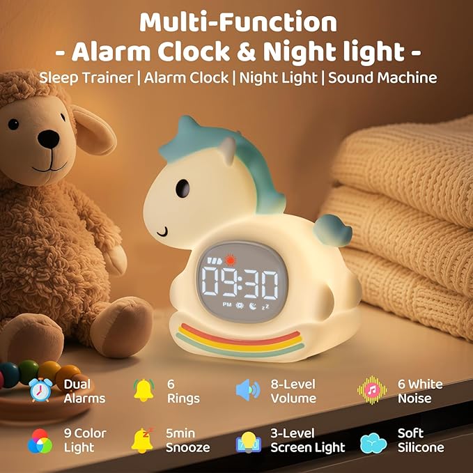 Alarm Clock with Night Light for Kids with Sleep Training and Sound Machine, Rechargeable Silicone Lamp OK to Wake Clock，Cute Animal Tabletop Lamp, Perfect Sleep Companion for Boys Girls，Blue Pony