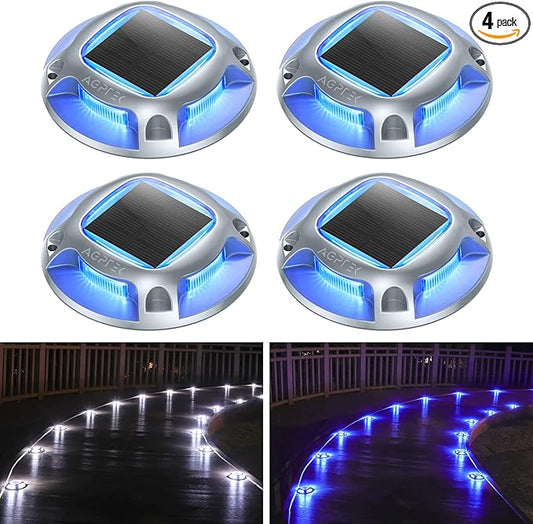 AGPTEK Solar Driveway Lights Outdoor 4 Pack – Dual Color IP68 Waterproof LED Deck & Pathway Marker Lights