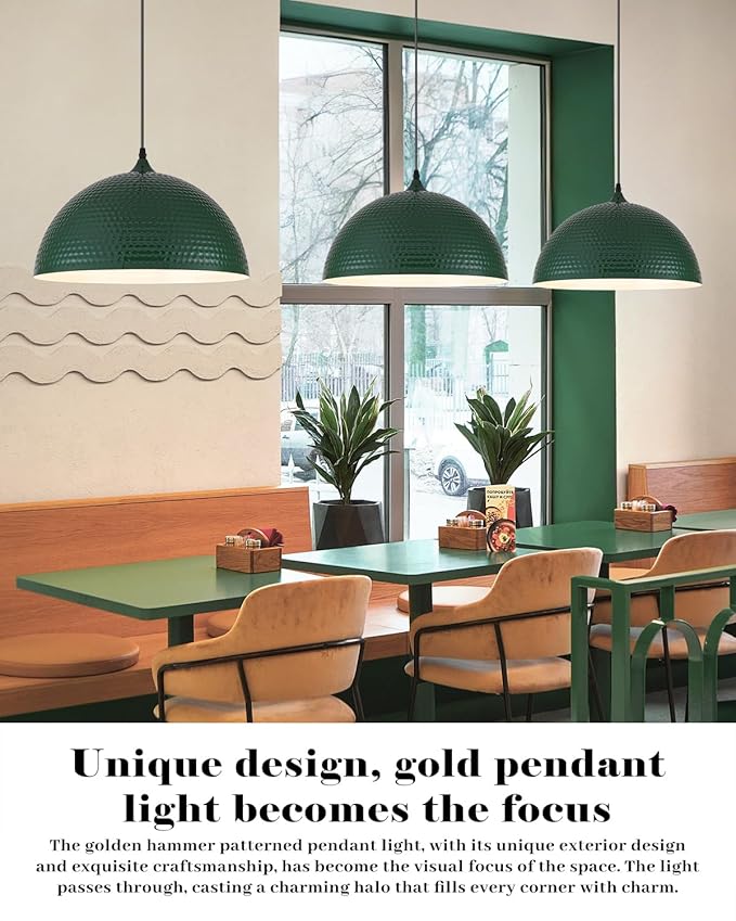 16 inch Green Pendant Light 2 Pack, Hammered Large Industrial Pendant Lights Kitchen Island, Green Dome Pendant Light for Kitchen Island, Dining Room, Bar